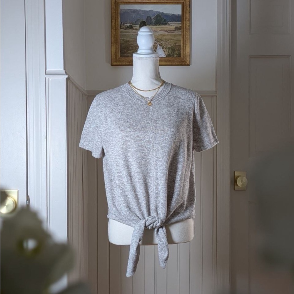Madewell 100% Cotton Tie-Front Short Sleeve Knit Top Tee - Marbled Beige Size M